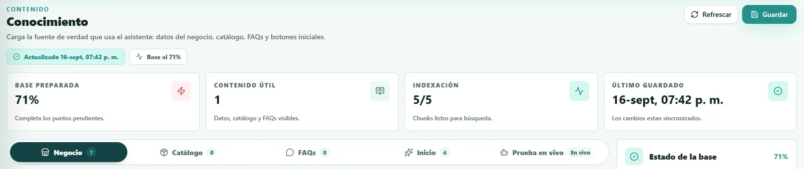 Emoti: Base de conocimiento: el negocio carga sus datos y el sistema los indexa para que el asistente responda con información real.