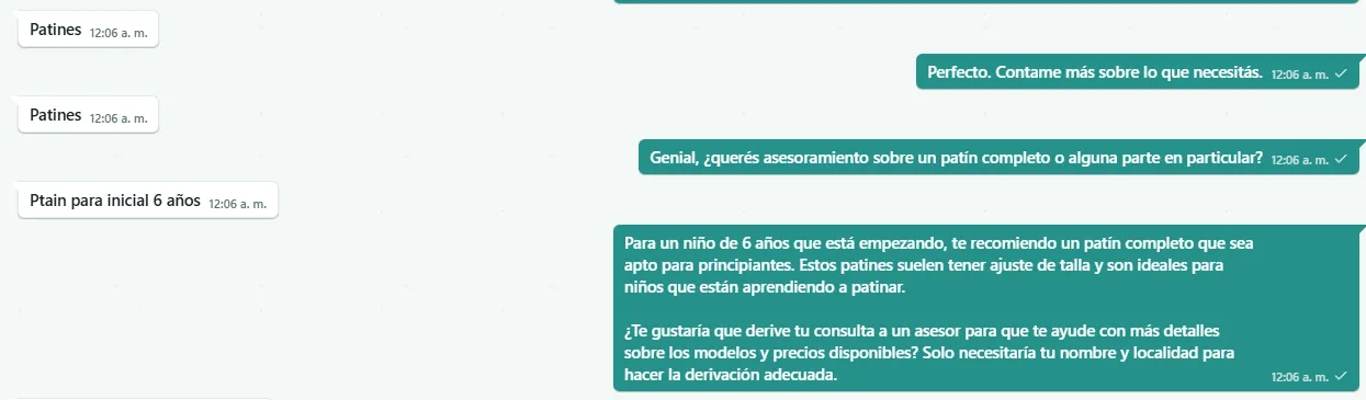 Emoti: Conversación anonimizada: el asistente asesora sobre un producto y ofrece derivar a un vendedor.