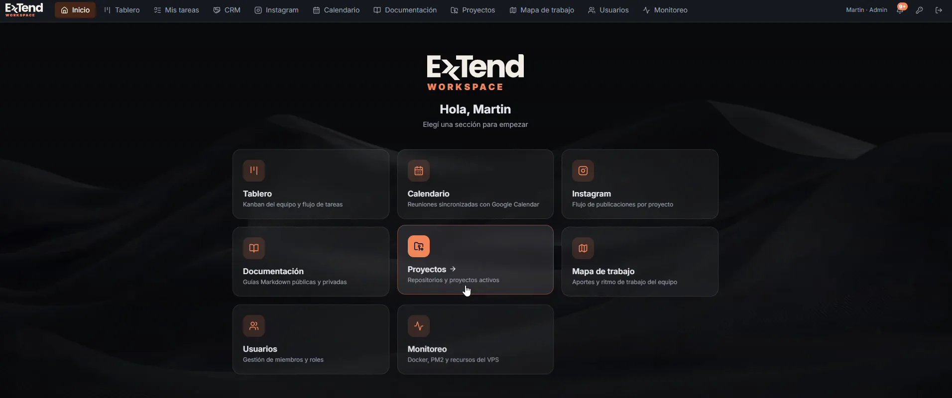 Extend Hub: Inicio: cada sección del workspace a un clic, con tarjetas de vidrio esmerilado (glassmorphism).