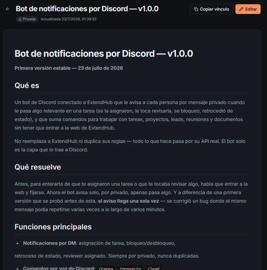 Extend Hub: Documentación interna: por ejemplo, la guía del bot de notificaciones por Discord.