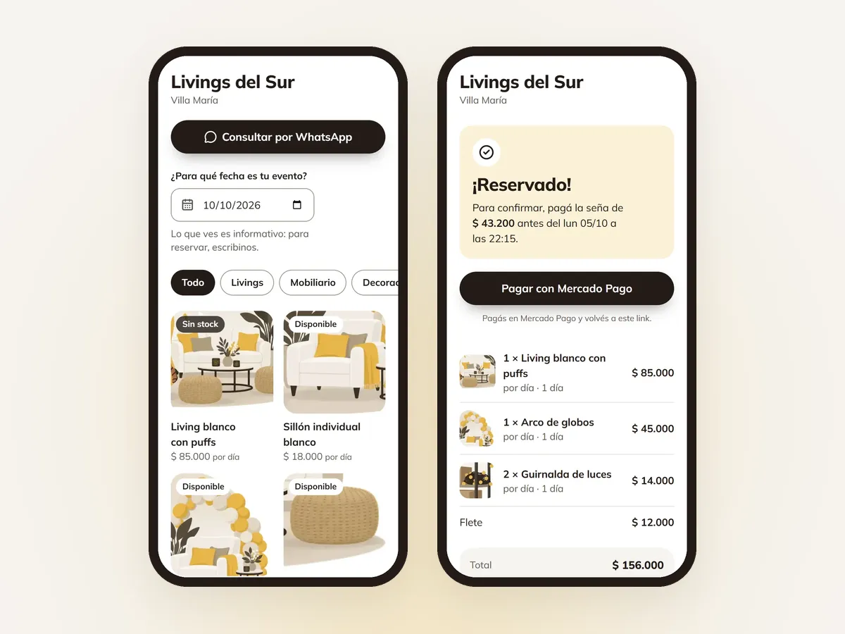 Fechado: Lo que ve el cliente: el catálogo con la disponibilidad para su fecha y el link de la reserva con la seña por Mercado Pago.